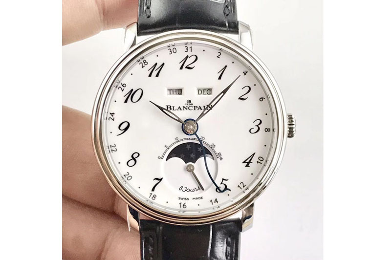 Blancpain Villeret Quantième Complet 8 Jours SS Complicated Function OMF 1:1 Best Edition White Dial Numeral Markers on Black Le
