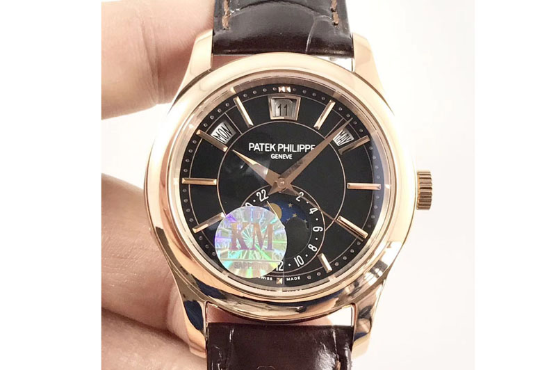 Patek Philippe Complications Series Moonphase RG KMF Black Dial on Brown Leather Strap Cal.324