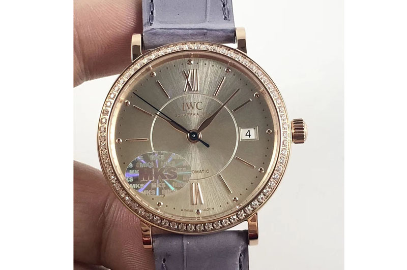 IWC Portofino IW458101 Diamond Bezel RG MK 1:1 Best Edition Silver Dial On Gray leather strap MIYOTA 9015