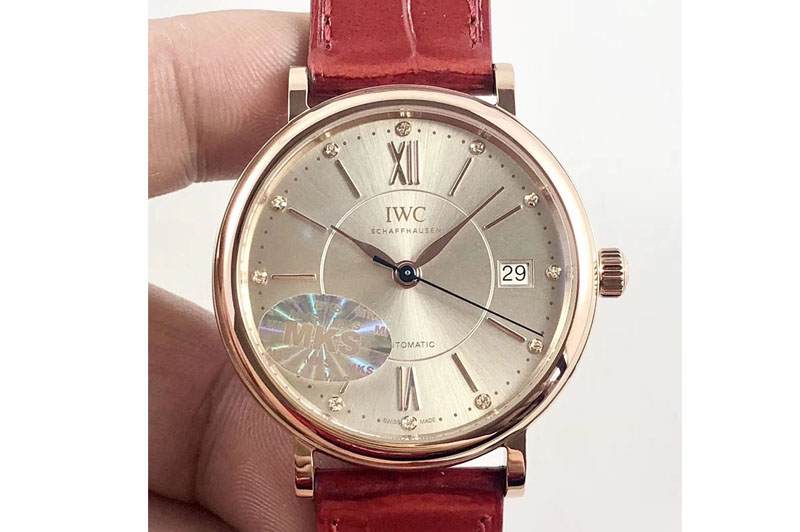 IWC Portofino IW458101 Diamond Bezel RG MK 1:1 Best Edition Silver Dial On Red leather strap MIYOTA 9015