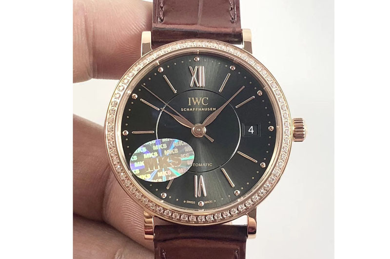 IWC Portofino IW458101 Diamond Bezel RG MK 1:1 Best Edition Green Dial On Dark Brown leather strap MIYOTA 9015