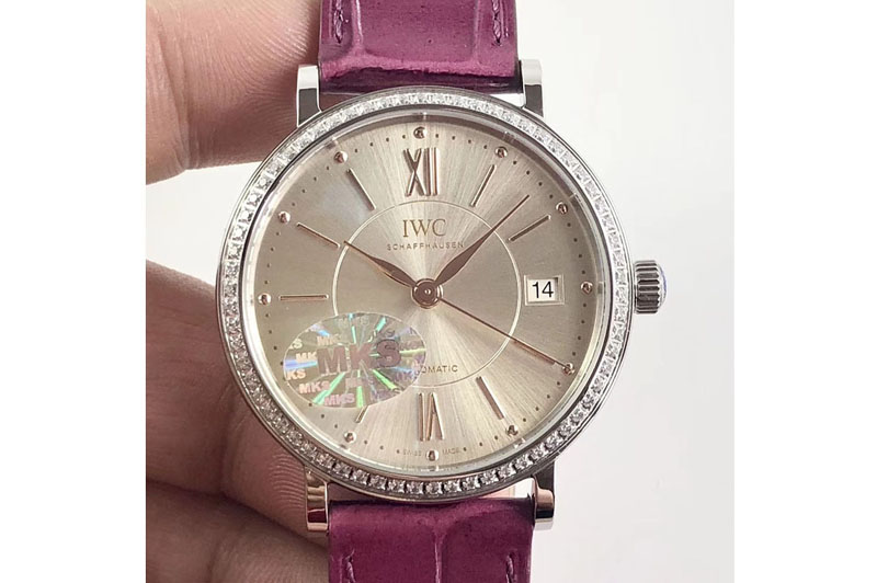 IWC Portofino IW458101 Diamond Bezel SS MK 1:1 Best Edition Silver Dial On Purple leather strap MIYOTA 9015