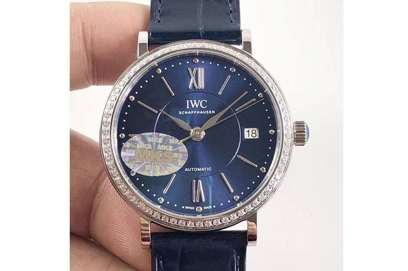 IWC Portofino IW458101 Diamond Bezel SS MK 1:1 Best Edition Blue Dial On blue leather strap MIYOTA 9015