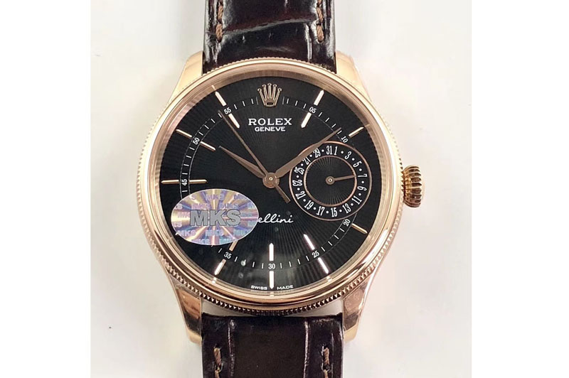 Rolex Cellini 50519 Real Date RG MK Best Edition Black Dial Sticks Markers on Brown Leather Strap A3165