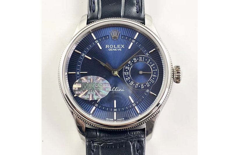 Rolex Cellini 50519 Real Date SS MK Best Edition Blue Dial Sticks Markers on Blue Leather Strap A3165