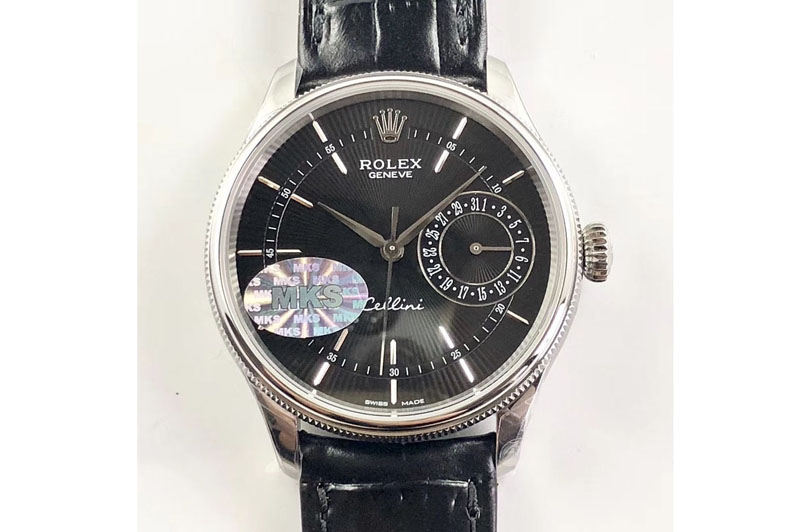 Rolex Cellini 50519 Real Date SS MK Best Edition Black Dial Sticks Markers on Black Leather Strap A3165