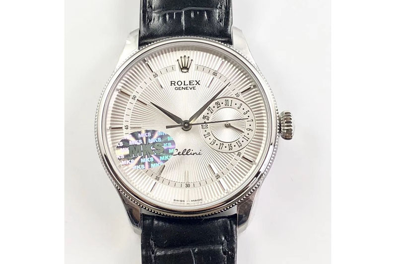 Rolex Cellini 50519 Real Date SS MK Best Edition Silver Dial Sticks Markers on Black Leather Strap A3165