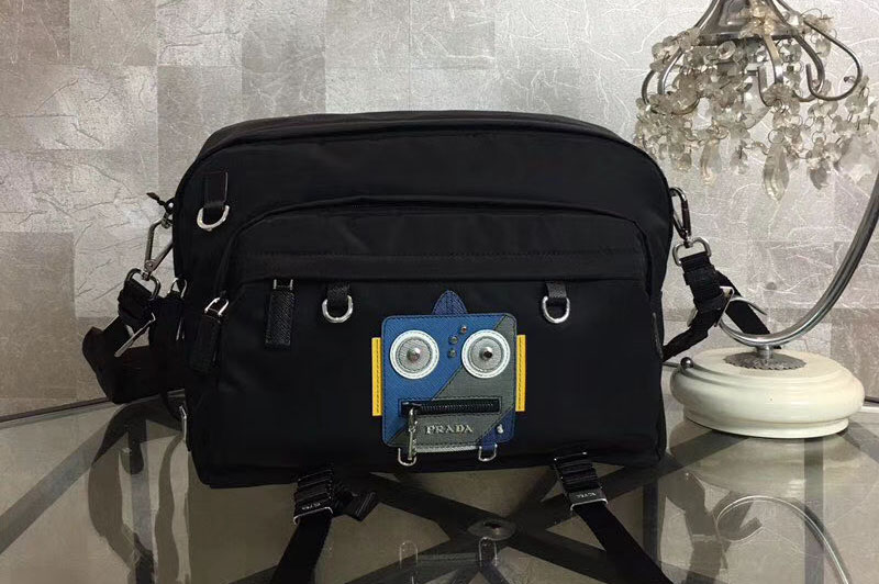 Prada Nylon Messenger Bag With Blue/Grey Robot Appliqué 2VH025