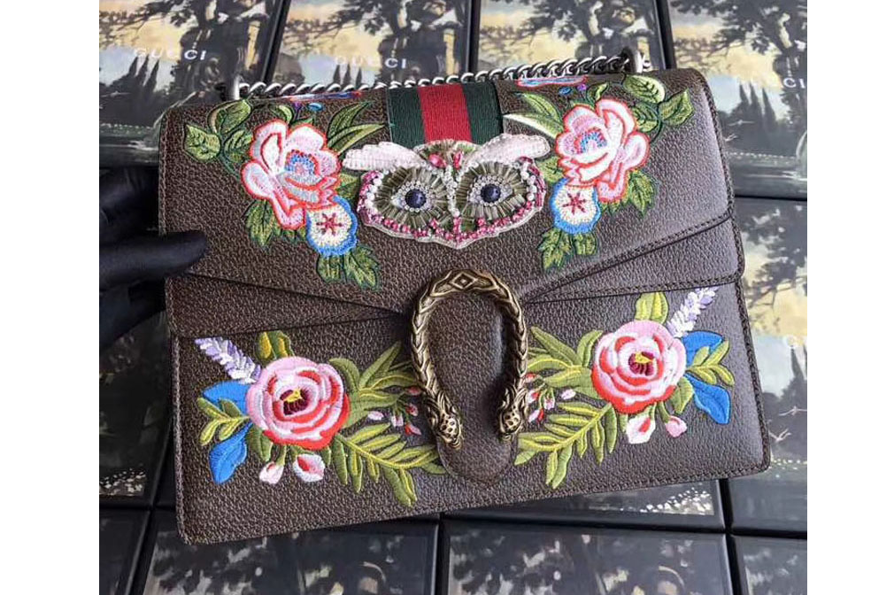 Gucci 400235 Dionysus Embroidered Owl Shoulder Bag Brown