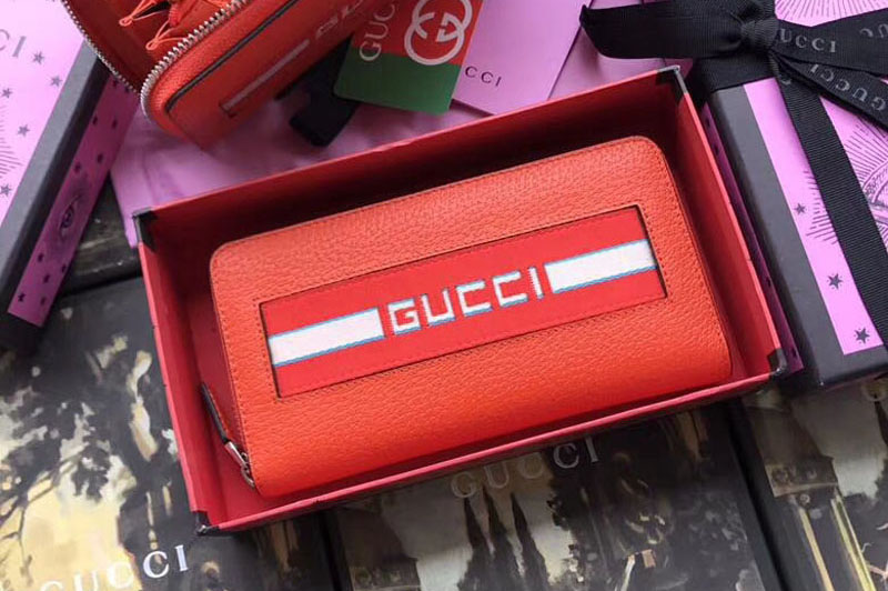 Gucci 408831 Original Calfskin Leather With Print Zip Around Wallet Red