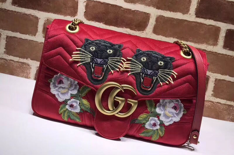 Gucci 443496 GG Marmont Embroidered Velvet Bags Red