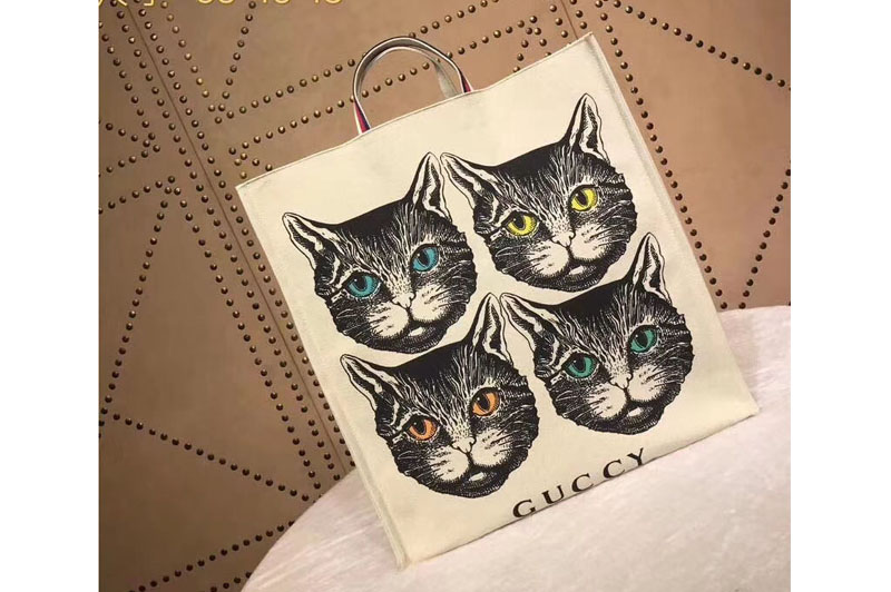 Gucci 484690 4 Cat Print Cotton Canvas Tote Bags White
