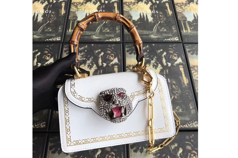 Gucci Frame Print Leather Top Handle Bag 488667 White