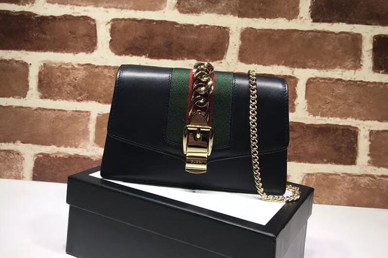 Gucci Sylvie Web Leather Mini Chain Bag 494646 Black [494646-f1] - $159 ...