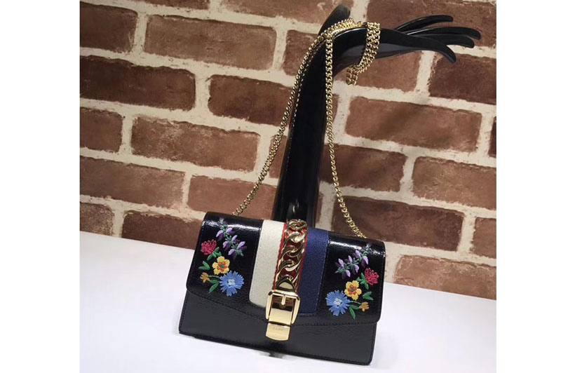GUCCI Sylvie floral embroidered leather cross-body clutch 494646 black