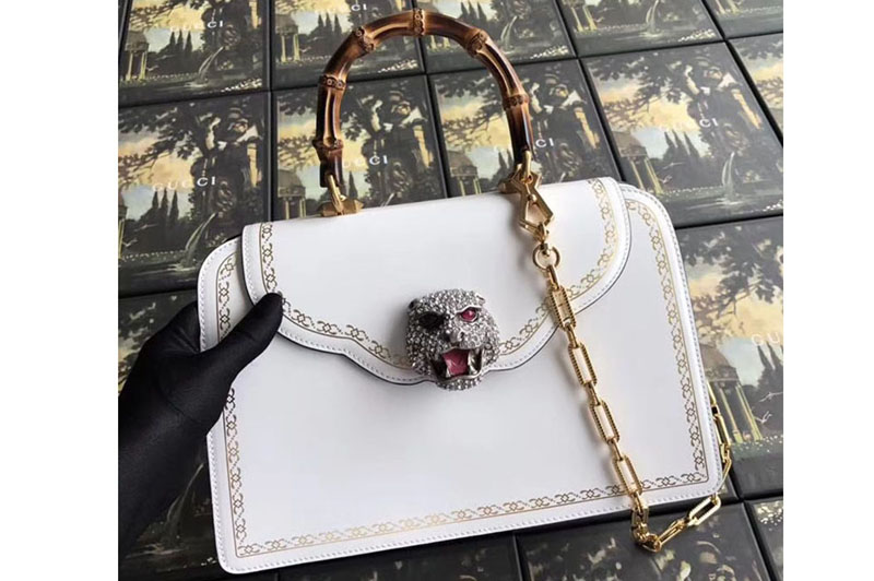 Gucci Frame Print Leather Top Handle Bag White 495881