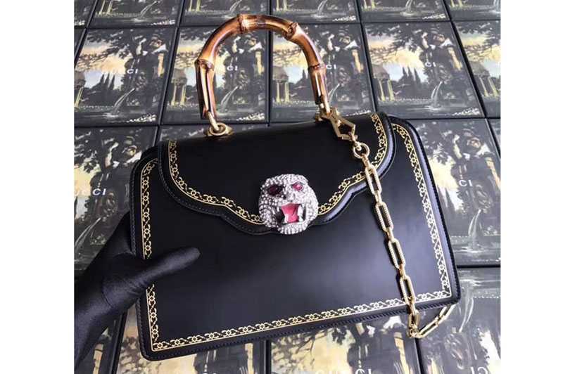 Gucci Frame Print Leather Top Handle Bag Black 495881