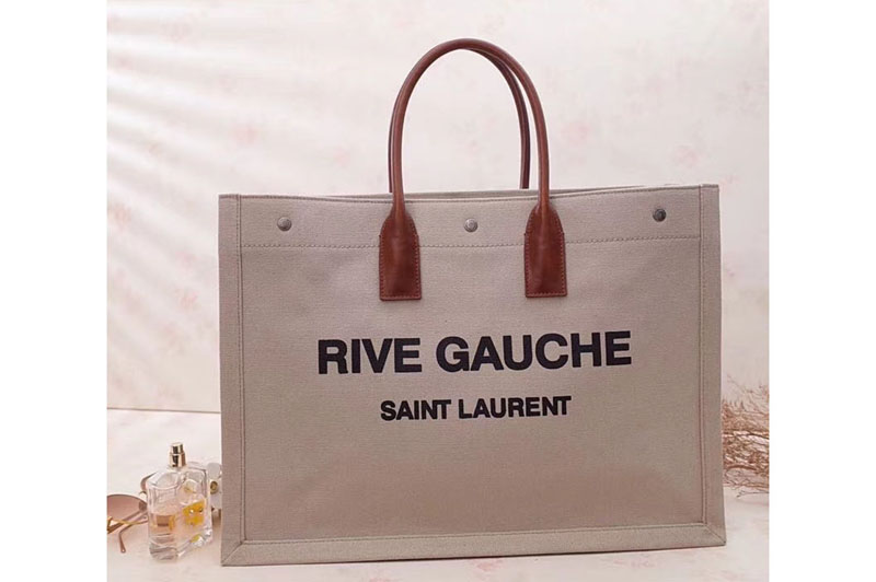 Saint Laurent Rive Gauche Tote Bag In Brown Linen 499290