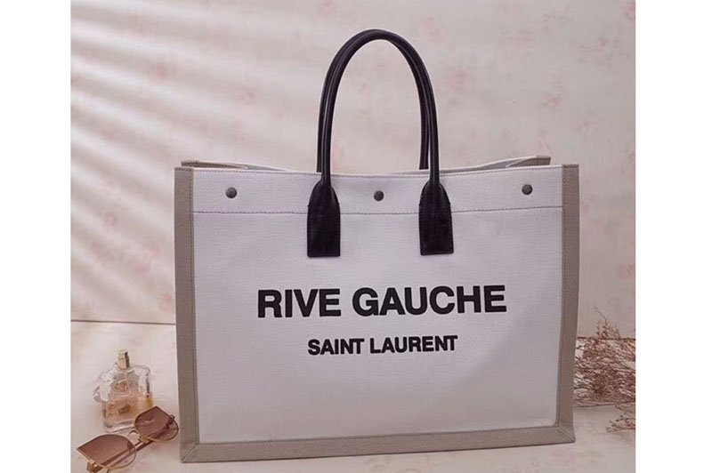 Saint Laurent Rive Gauche Tote Bag In White And Brown Linen 499290