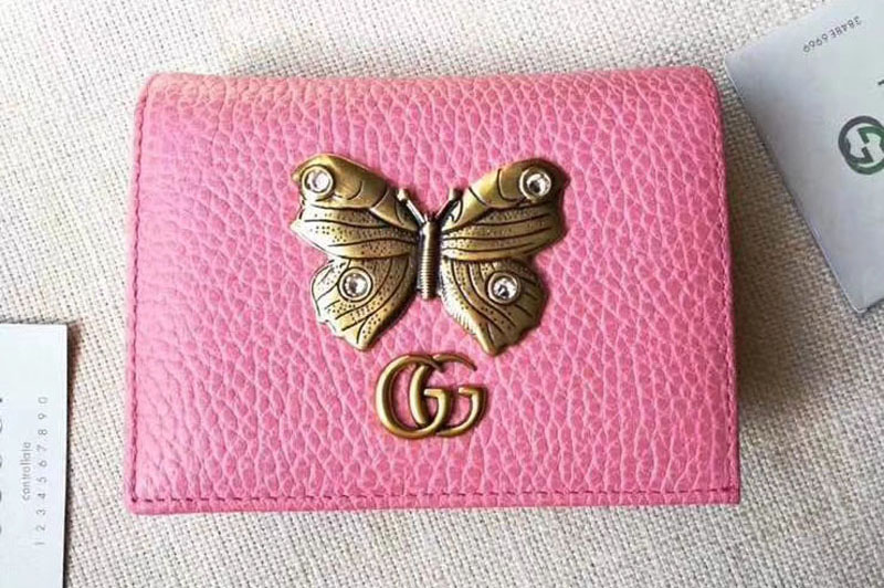 Gucci 499361 Leather Card Case with Butterfly ‎Pink