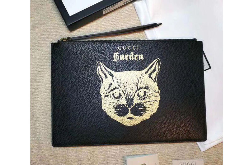 Gucci Garden Cat Print Calfskin Pouch 516928 Black