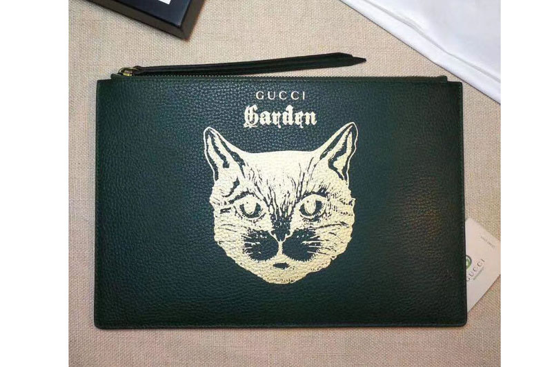 Gucci Garden Cat Print Calfskin Pouch 516928 Green