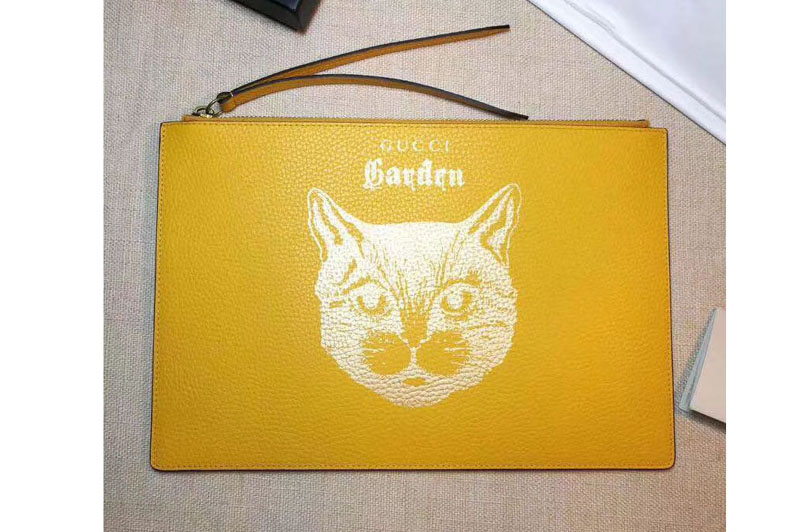 Gucci Garden Cat Print Calfskin Pouch 516928 Yellow