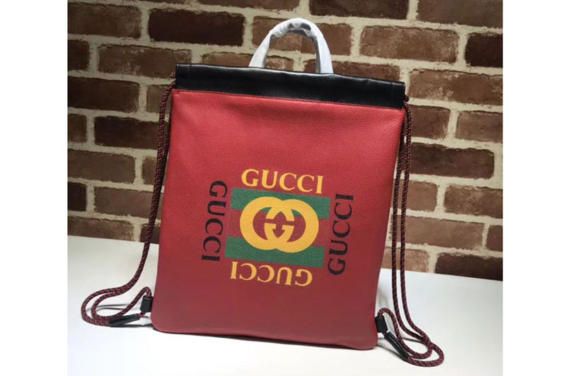 Gucci Print Leather Vintage Logo Drawstring Small Backpack Bag 523586 Red
