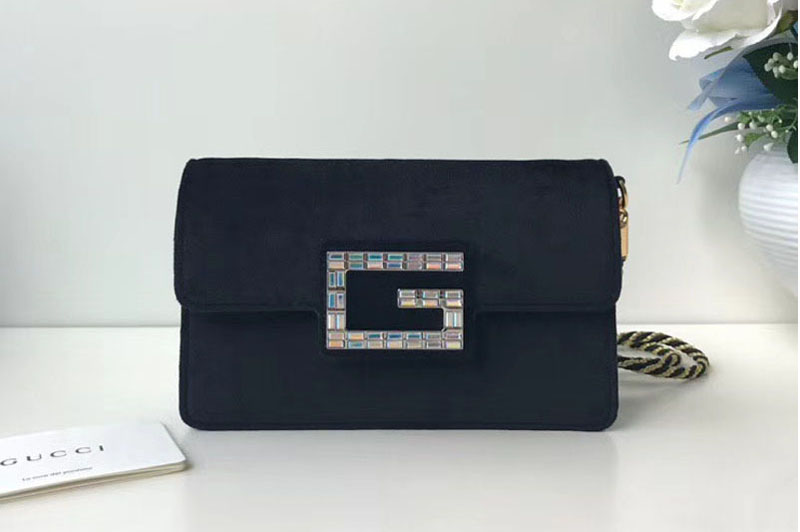 Gucci ‎544242 GG Shoulder bag with Square G Black blue velvet