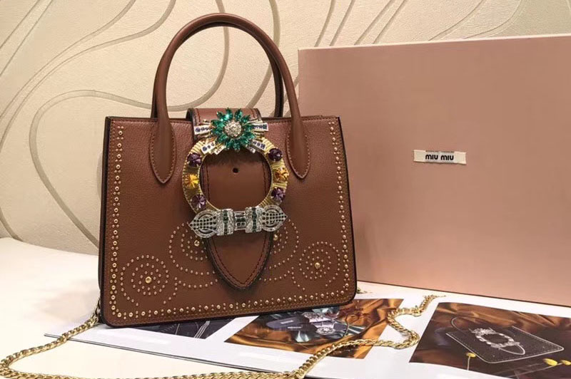 Miu Miu 5BA043 Calfskin Leather Top Handle Bags With Pin Brown