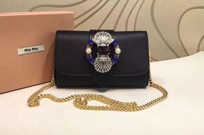 Miu Miu 5BH017 Crystal Goat Leather Shoulder Bag Black