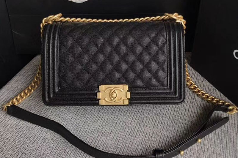 CC Le Boy Original Caviar Black Leather Shoulder Bags 67086 Gold Chain