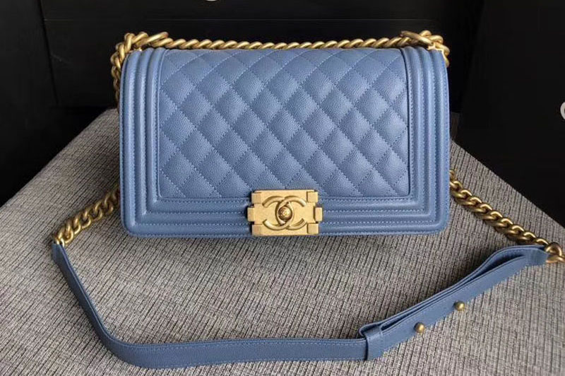 CC Le Boy Original Caviar Blue Leather Shoulder Bags 67086 Gold Chain