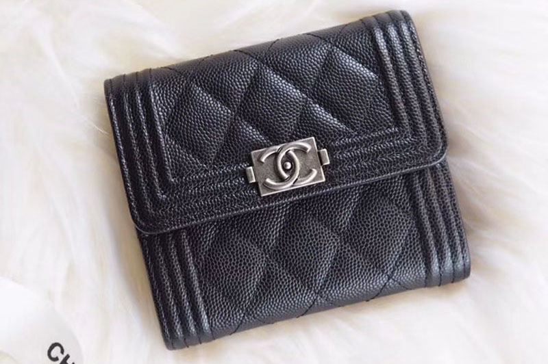 CC Tri-Fold Wallet Calfskin Leather A48980 Black Silver Hardware