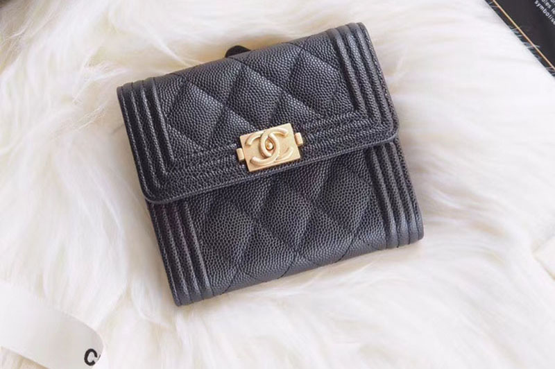 CC Tri-Fold Wallet Calfskin Leather A48980 Black Gold Hardware
