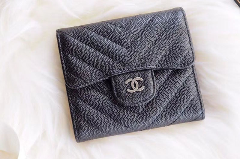 CC Tri-Fold Wallet Cannage Pattern Leather A48981 Black Silver Hardware