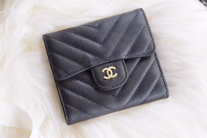 CC Tri-Fold Wallet Cannage Pattern Leather A48981 Black Gold Hardware
