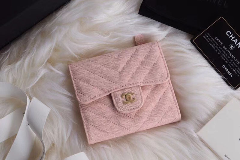 CC Tri-Fold Wallet Cannage Pattern Leather A48981 Pink Gold Hardware