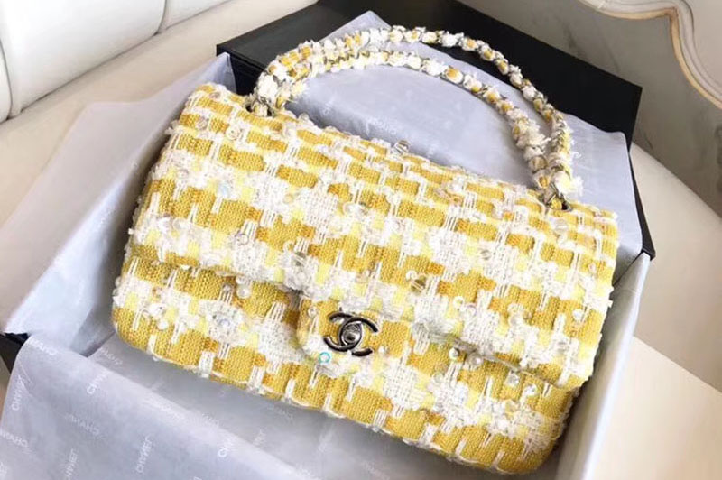 CC Classic Handbag Embroidered Tweed & Silver-Tone Metal A01112 Yellow&White