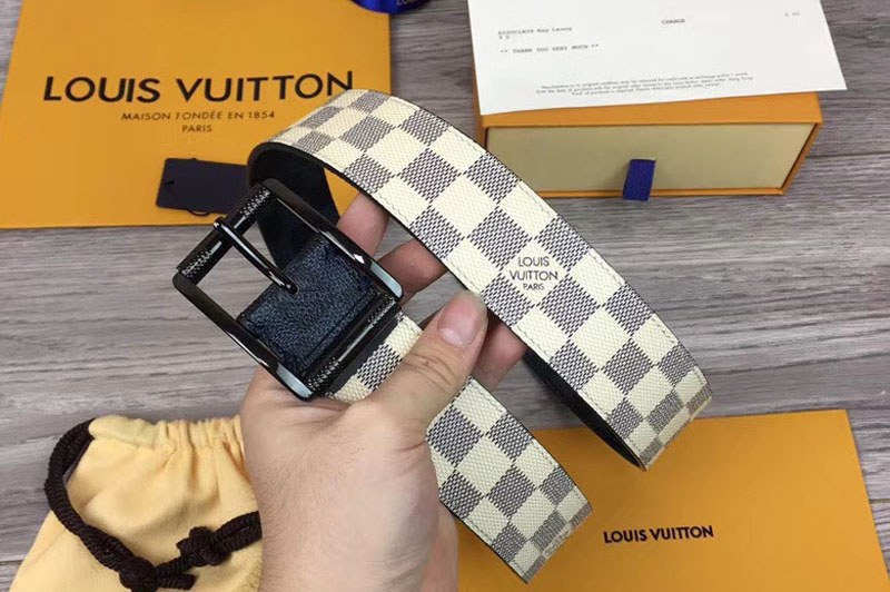 Louis Vuitton M0040Q LV Reverso 40mm Reversible Mens Belt Damier Azur And Damier Graphite Canvas Black Buckle