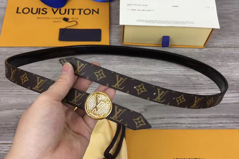 Louis Vuitton M0081U Womens LV Circle 20mm Reversible Belt Monogram Canvas Gold Diamond Buckle