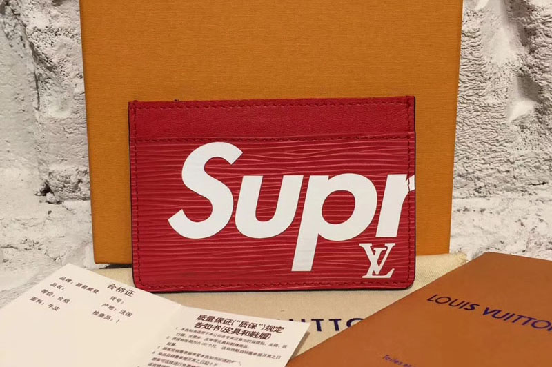 Louis Vuitton M61733 X Supreme Double Card Holder Epi Leather Red