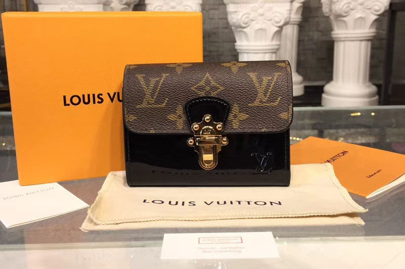 Louis Vuitton M61912 LV Cherrywood Compact Wallet Patent Leather Black