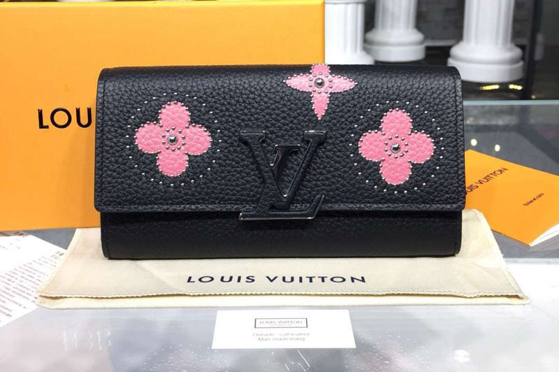 Louis Vuitton M63211 LV Taurillon Leather Capucines Wallet Black And Pink