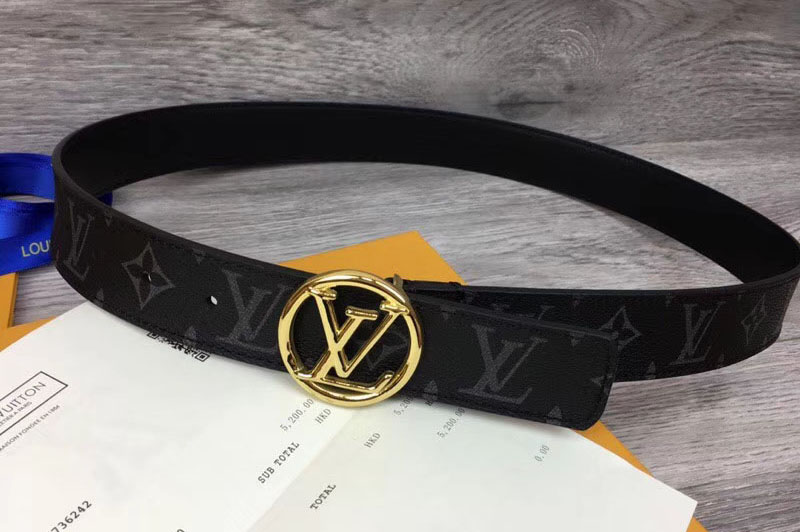 Louis Vuitton M9931Q LV Circle 35mm Mens Belts Monogram Eclipse Canvas Gold Buckle