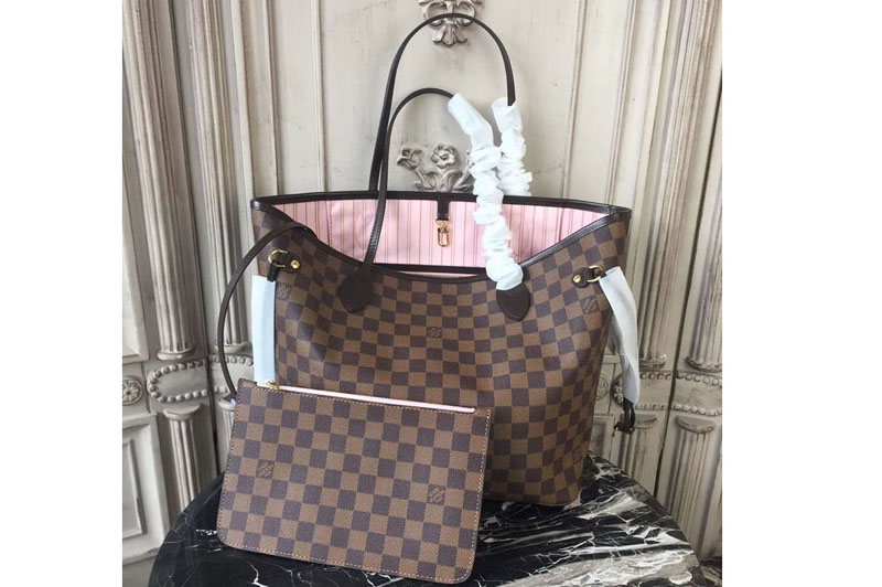 Louis Vuitton N41603 Neverfull MM Damier Ebene Canvas Bags Pink