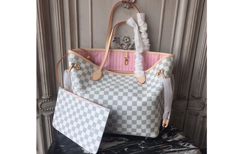 Louis Vuitton N41605 Neverfull MM Damier Azur Canvas Bags Pink