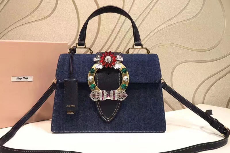 Miu Miu 5BH1108 Denim Leather Top Handle Bag Blue
