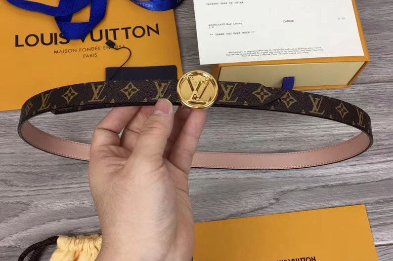 Louis Vuitton M0083U Womens LV Circle 20mm Reversible Belt Monogram Canvas Gold Buckle