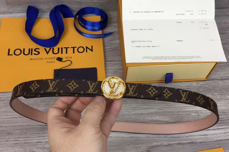 Louis Vuitton M0083U Womens LV Circle 20mm Reversible Belt Monogram Canvas Gold Diamond Buckle